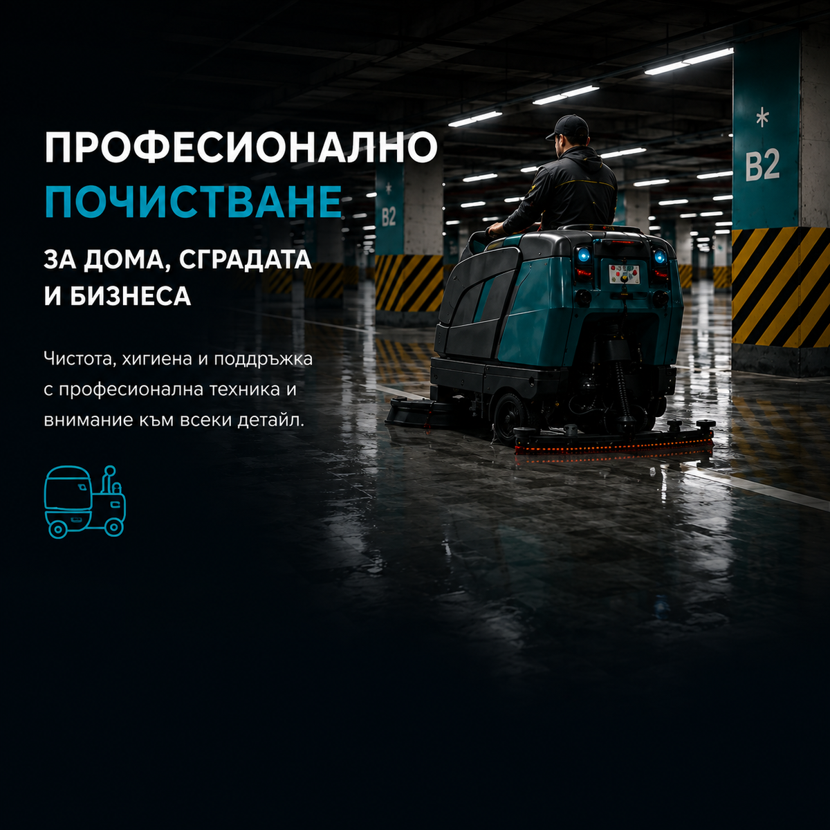Работник с машина за почистване на подземен паркинг – Nordex Clean