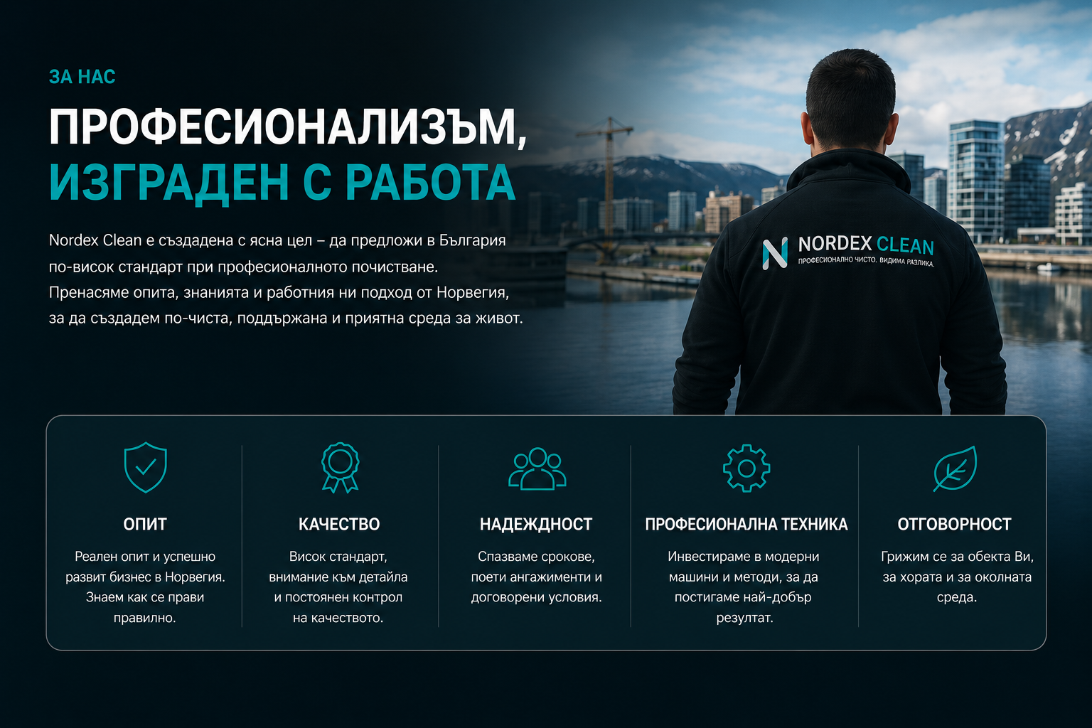 За нас – Nordex Clean, Професионализъм изграден с работа – опит, качество, надеждност, техника и отговорност (десктоп)